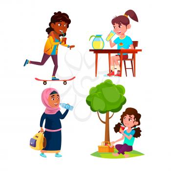 School Girls Drinking Delicious Drink Set Vector. Schoolgirls Drinking Natural Juice On Breakfast, Healthy Water At School And Vitamin Cocktail In Park. Characters Refreshment Flat Cartoon Illustrations