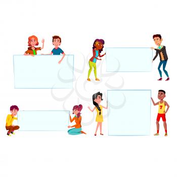 Boys And Girls Teenagers Holding Banner Set Vector. Schoolboys And Schoolgirls Teens Hold Blank Banner On School Presentation Or Supporting Sport Team. Characters Flat Cartoon Illustrations