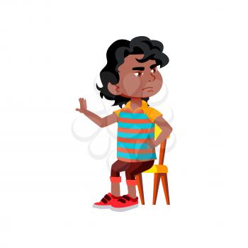 Boy Child Refusing Dish In Kindergarten Vector. African Kid Sitting On Chair And Refusing Meal In Canteen. Sad And Frustrated Character Infant Gesturing Refuse Flat Cartoon Illustration