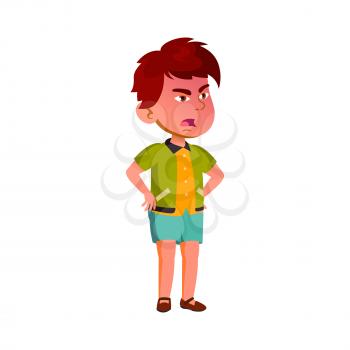 Angry Schoolboy Child Shouting At Friend Vector. Angry Asian School Boy Kid Screaming At Classmate In School Or Playground. Character Infant Aggression Emotion Flat Cartoon Illustration