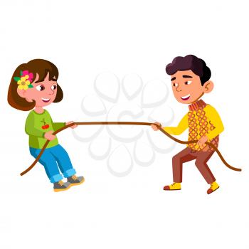 Boy And Girl Children Pulling Rope Together Vector. Asian Schoolboy And Caucasian Schoolgirl Kids Pulling Rope Sportive Competition. Characters Sport Energy Game Flat Cartoon Illustration