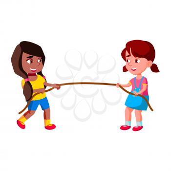 Preteen Schoolgirls Pulling Rope Sport Game Vector. Happiness African And Caucasian School Girls Pulling Rope On Sportive Tournament. Characters Power Competitive Activity Flat Cartoon Illustration