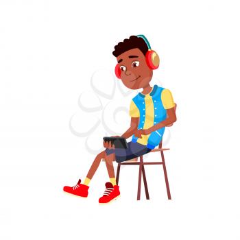 Schoolboy Watch Movie On Smartphone Screen Vector. African School Boy Sitting On Chair And Watching Video On Smartphone Display And Headphones. Character Entertainment Flat Cartoon Illustration