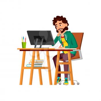 Businessman Thinking About Project Problem Vector. Smiling Caucasian Business Man Sitting At Workplace, Looking On Computer Screen And Thinking Goal Achievement. Character Flat Cartoon Illustration
