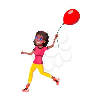 Girl Teen Running With Air Balloon Outside Vector. Happy African Teenager Lady Wearing Stylish Sunglasses Run With Helium Balloon Celebrative Decoration. Character Flat Cartoon Illustration