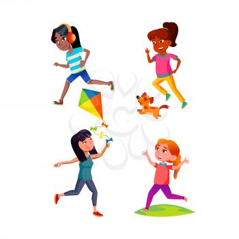 School Girls Teenagers Running Outdoor Set Vector. Schoolgirls Running In Park And Happy Training, Run With Dog Pet And Air Kite Toy. Characters Sport Activity Outside Flat Cartoon Illustrations