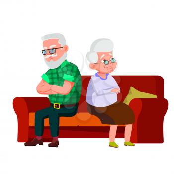 Sadness Old Man And Woman Disagreement Vector. Angry Grandfather And Grandmother Sitting On Sofa, Divorce And Quarrel. Characters Misunderstanding And Communicative Problem Flat Cartoon Illustration