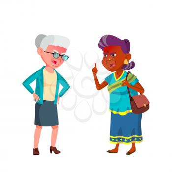 Senior Women Quarreling In Grocery Shop Vector. Aggressive Caucasian And Indian Elderly Ladies Quarreling In Store Or Market. Characters Screaming And Arguing Flat Cartoon Illustration