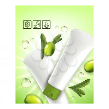 Olive Oil Face Cream Creative Promo Banner Vector. Natural Olive Facial Skincare Cosmetology Blank Tube Package, Tree Berries And Leaves On Advertise Poster. Style Concept Template Illustration