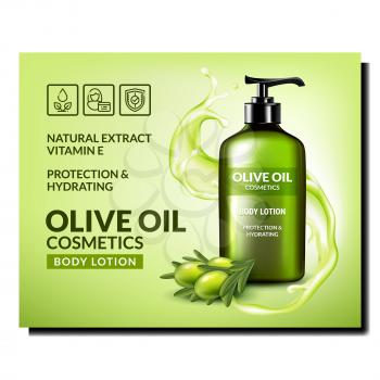 Olive Oil Body Lotion Promotional Poster Vector. Olive Natural Extract Cosmetic Blank Bottle With Pump, Splash And Tree Berries On Advertising Banner. Stylish Concept Template Illustration