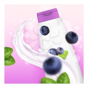 Blueberry Shampoo Creative Promotion Banner Vector. Blueberry Shampoo Blank Bottle Package, Natural Organic Berries And Bush Green Leaves On Advertising Poster. Style Concept Template Illustration