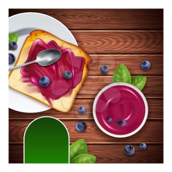 Jam Dessert Creative Promotional Poster Vector. Blueberry Jam In Bowl And On Bread Toaster Advertising Banner. Berries Organic Product And Kitchen Utensil Style Concept Template Illustration