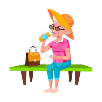 Elderly Woman Drinking Soda Water In Park Vector. Caucasian Old Lady Sitting On Park Bench And Drinking Refreshment Sweet Water From Bottle. Character Enjoy Juicy Beverage Flat Cartoon Illustration