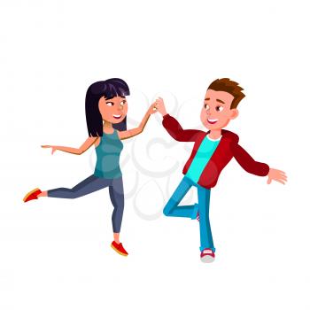 Boy And Girl Kids Couple Dancers Dancing Vector. Caucasian Schoolboy Dancing With Asian Schoolgirl In Ballroom, Friends Practicing Dance Motion Togetherness. Characters Flat Cartoon Illustration