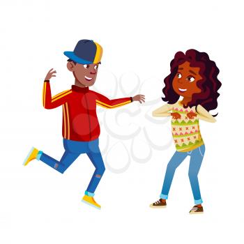 Boy And Girl Couple Kids Dancing Together Vector. African Schoolboy And Schoolgirl Dancing Hip Hop Energy Rhythmic Dance. Characters Children Performance On Party Flat Cartoon Illustration