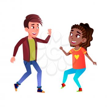 School Children Couple Dancing Energy Dance Vector. Happy Caucasian Schoolboy Dancing Disco With African Schoolgirl. Characters Friends Enjoying Active Motions Flat Cartoon Illustration