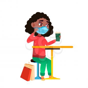 School Kid Girl Wearing Facial Mask In Cafe Vector. Schoolgirl Wear Protective Face Mask And Drinking Delicious Drink In Shopping Center Cafeteria. Character Virus Prevention Flat Cartoon Illustration