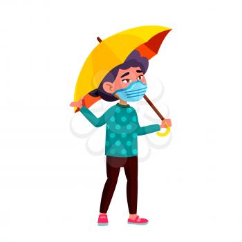 Schoolgirl Wearing Facial Mask Outdoor Vector. Asian School Girl Wear Medical Health Protect Face Mask Walking With Umbrella At Rain Day. Character Walk Outside Flat Cartoon Illustration