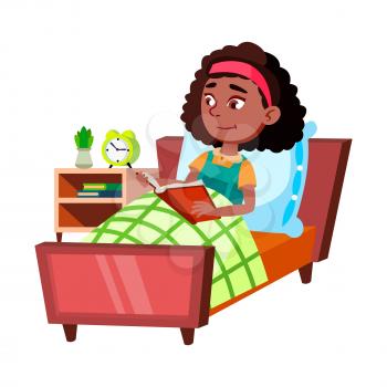 Schoolgirl Reading Book Story In Bedroom Vector. African School Girl Laying In Bed And Read Interesting Book. Character Lady Enjoying Literature And Learning Flat Cartoon Illustration