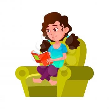 Schoolgirl Reading Book In Living Room Vector. Caucasian School Girl Sitting In Chair Furniture And Read Interesting Book Story. Character Enjoy Literature At Home Flat Cartoon Illustration