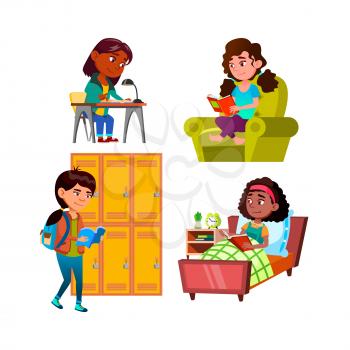 School Girls Children Reading Book Set Vector. Schoolgirls Reading Interesting Book In Living Room And Bedroom, Educational Literature At Table And In School. Characters Flat Cartoon Illustrations