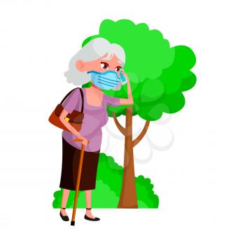 old woman wearing mask. medical hospital mask. covid preventation. vector character flat cartoon Illustration