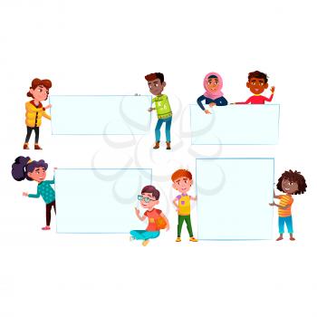 school boy and girl with empty banner. empty blank. kid with placard. school child white poster. paper empty background. vector character flat cartoon Illustration