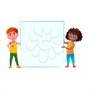 school boy and girl with empty banner. information blank. paper empty background. vector character flat cartoon Illustration