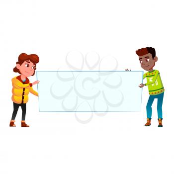 school boy and girl with empty banner. child placard. vector character flat cartoon Illustration