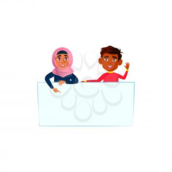 school boy and girl with empty banner. pupil with poster. empty blank vector character flat cartoon Illustration