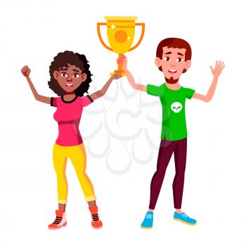 Teen boy girl with trophy cup. teenager champion prize. happy reward. successful triumph. vector character flat cartoon Illustration