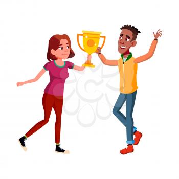 Teen boy girl with trophy cup. pedestal winner champion. achievement reward. smiling kid. vector character flat cartoon Illustration