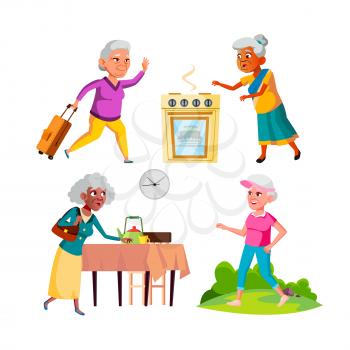 Running old woman set. Grandma late. Elderly sport. Fitness people. Run lady. Gym female. Healthy person. vector character flat cartoon Illustration