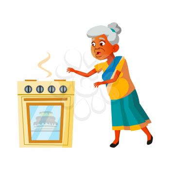 Running old woman hurry. Elderly. food is burning on the stove in the kitchen vector character flat cartoon Illustration