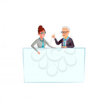Business man woman with empty banner. Crowd with background. Blank postcard banner. vector character flat cartoon Illustration