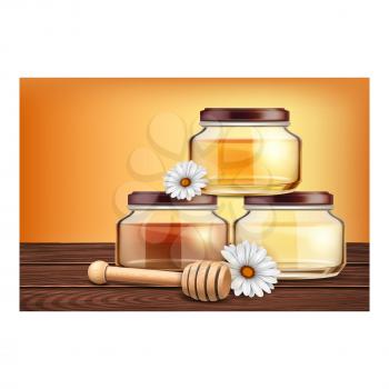 Honey bee food product background. Honeycomb poster. Yellow essence. White flower. 3d realistic vector