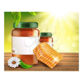 Honey bee food product ad. Yellow liquid, pollen, vintage flower. Beehive product. Tasty package. 3d realistic vector
