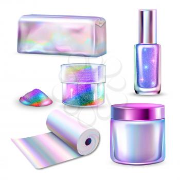 Holographic Multicolored Blank Packages Set Vector. Holographic Glittering Cosmetic Bag For Carrying Sparkles, Nail Polish And Cream Packaging. Foil Roll Template Realistic 3d Illustrations