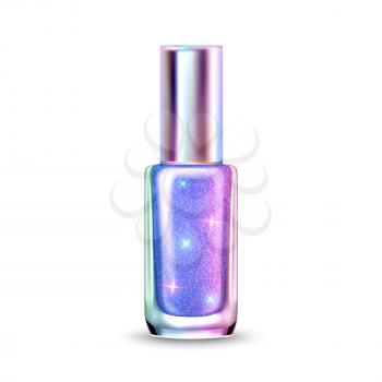 Holographic Color Nail Polish Blank Package Vector. Holographic Glittering Cosmetology Product Bottle For Making Stylish Manicure In Beauty Salon. Template Realistic 3d Illustration