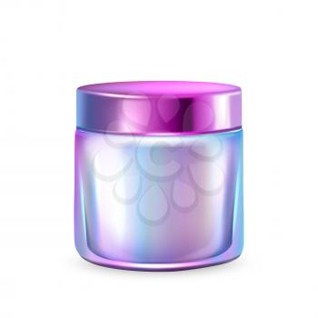 Holographic Cream Cosmetology Blank Bottle Vector. Shining Holographic Packaging For Creamy Cosmetic Product. Glossy Multicolor Glass Jar Container Template Realistic 3d Illustration