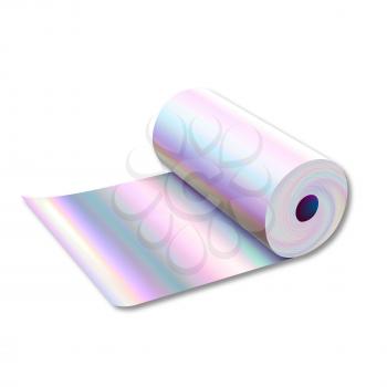 Holographic Metallic Foil Roll Accessory Vector. Holographic Multicolor Steel Sheet Scroll For Baking Pastry Dish Or Roasting Food. Aluminum Material Accessory Template Realistic 3d Illustration