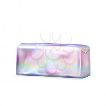Holographic Blank Pencil Or Cosmetic Case Vector. Bright Holographic Multicolor Bag For Storaging And Carrying Cosmetology Or Stationery School Accessory. Template Realistic 3d Illustration