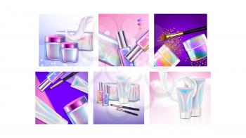 holographic cosmetics poster set. hologram package. tube container. face mask care. ad facial cream bottle. beauty skincare holographic glitter. jar cosmetic product. 3d realistic vector