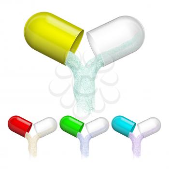 Pharmacy Medicament Opened Capsules Set Vector. Open Multicolored Capsules With Falling Pharmaceutical Vitamin Powder. Medicine Healthy Supplement Template Realistic 3d Illustrations