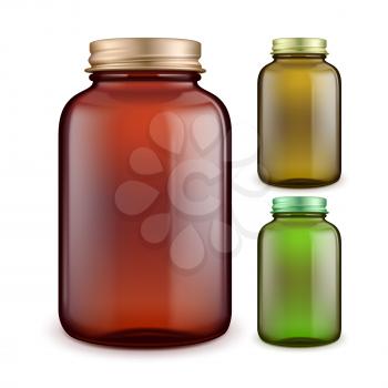 Vitamin Complex Drug Blank Bottles Set Vector. Vitamin And Antioxidant Pharmacy Organic Nutrition Multicolor Plastic Containers. Healthcare Medicaments Packages Template Realistic 3d Illustrations