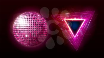Night Club Disco Ball And Lamp Tools Set Vector. Illuminate And Glittering Nightclub Disco Sphere And Bright Decor In Triangle Form. Discotheque Elegance Equipment Template Realistic 3d Illustration
