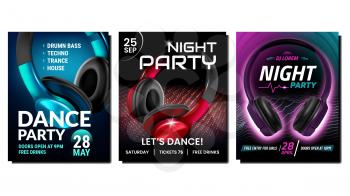 Night club music poster set vector. Event party concept. Show card design. Dark neon light. 3d realistic illustration