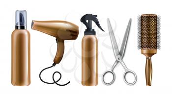 Hairdresser Tools For Hairdressing Set Vector. Hairdryer And Scissors, Comb, Sprayer And Foam Blank Bottles Hairdresser Equipment. Professional Accessories Template Realistic 3d Illustrations