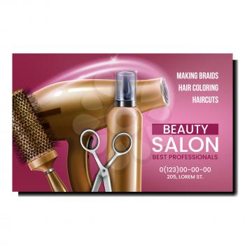 Beauty Salon Service Promotional Banner Vector. Beauty Salon Professional Treatment For Make Client Hairstyle, Shaving Beard And Mustache Advertising Poster. Style Concept Template Illustration