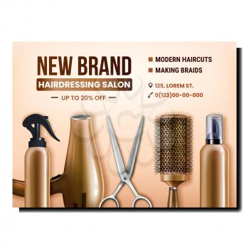 Hairdressing Salon Tools Promotional Banner Vector. Blank Sprayer Bottles And Comb, Scissors And Electric Hair Dryer For Hairdressing On Advertise Poster. Stylish Concept Template Illustration